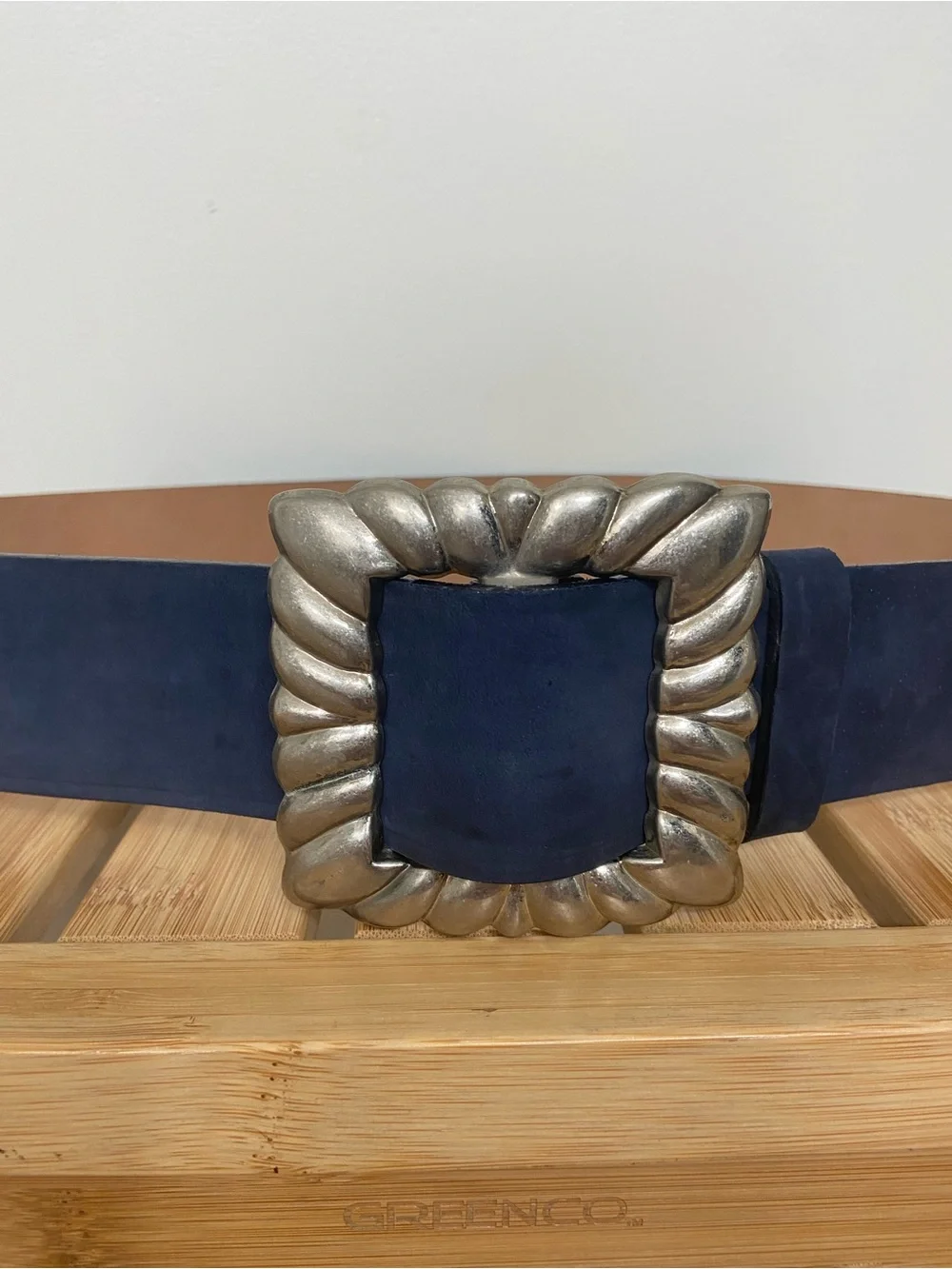 Vintage Harken Ltd Navy Blue Genuine Leather Belt Large Oversized Silver Buckle
